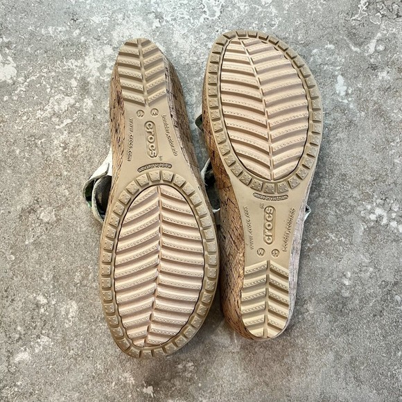 CROCS W11 A Leigh Crisscross Wedge Sandal Tan Leather Heel A-Leigh Cork 11847 - Picture 10 of 12